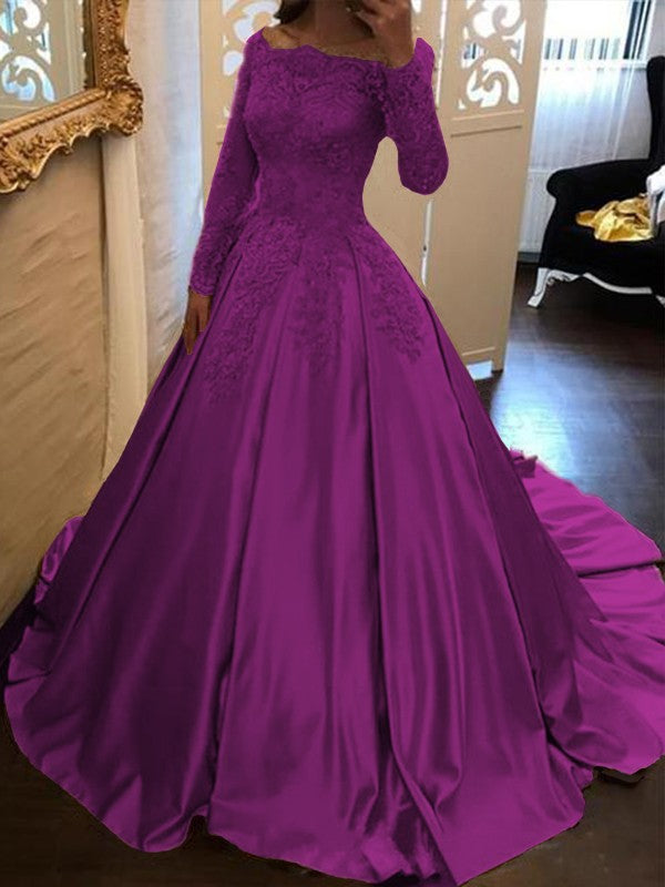 Ball Gown Long Sleeves Off-the-Shoulder Floor-Length With Applique Satin Prom Dress