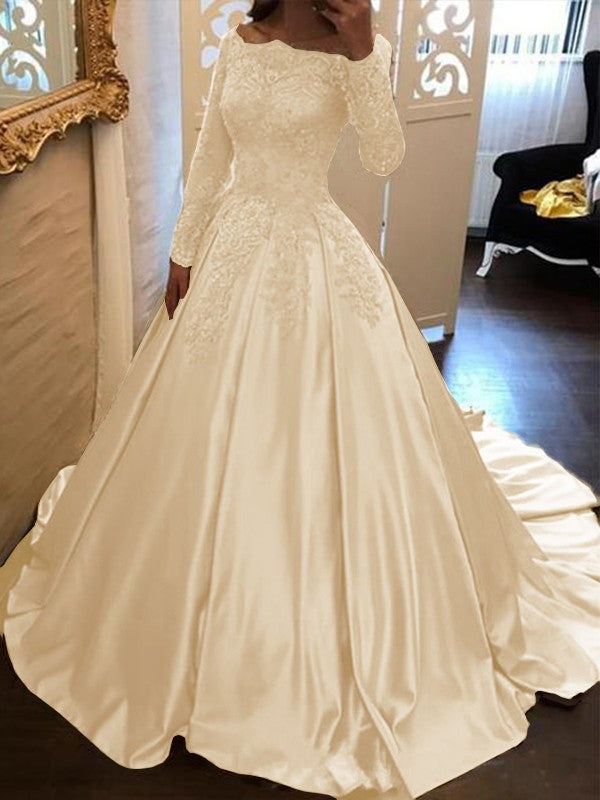 Ball Gown Long Sleeves Off-the-Shoulder Floor-Length With Applique Satin Prom Dress