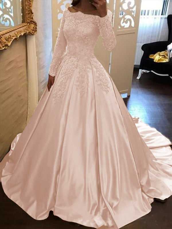 Ball Gown Long Sleeves Off-the-Shoulder Floor-Length With Applique Satin Prom Dress