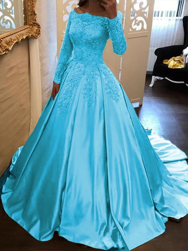 Ball Gown Long Sleeves Off-the-Shoulder Floor-Length With Applique Satin Prom Dress