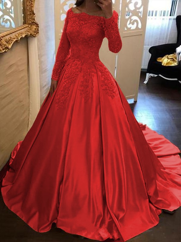 Ball Gown Long Sleeves Off-the-Shoulder Floor-Length With Applique Satin Prom Dress