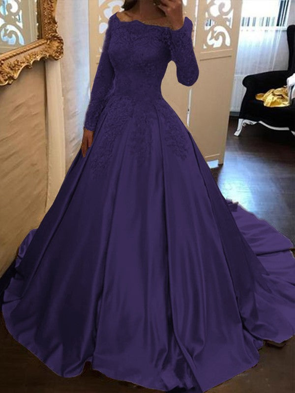 Ball Gown Long Sleeves Off-the-Shoulder Floor-Length With Applique Satin Prom Dress