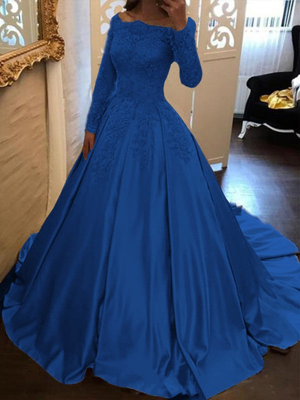 Ball Gown Long Sleeves Off-the-Shoulder Floor-Length With Applique Satin Prom Dress