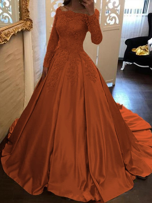 Ball Gown Long Sleeves Off-the-Shoulder Floor-Length With Applique Satin Prom Dress