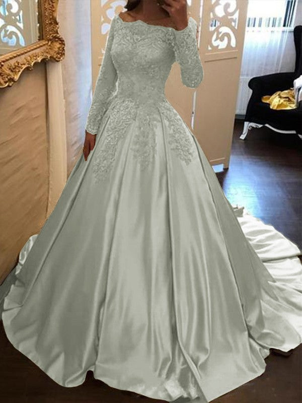 Ball Gown Long Sleeves Off-the-Shoulder Floor-Length With Applique Satin Prom Dress