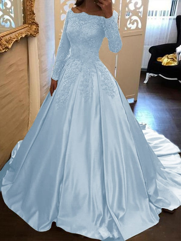 Ball Gown Long Sleeves Off-the-Shoulder Floor-Length With Applique Satin Prom Dress