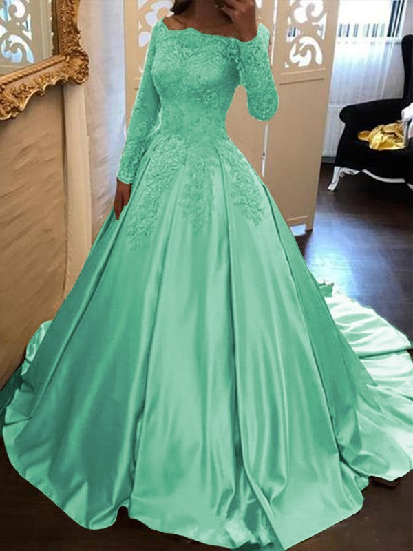 Ball Gown Long Sleeves Off-the-Shoulder Floor-Length With Applique Satin Prom Dress