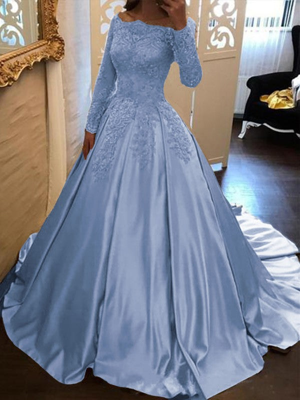 Ball Gown Long Sleeves Off-the-Shoulder Floor-Length With Applique Satin Prom Dress