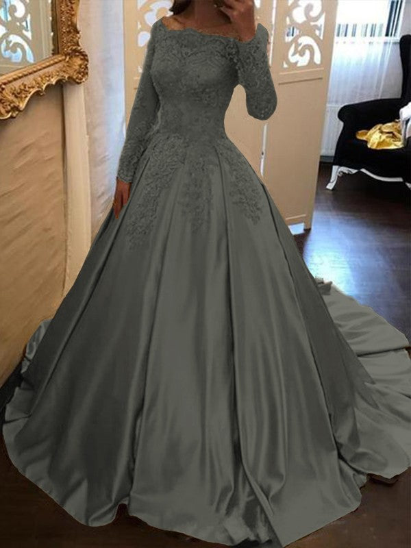 Ball Gown Long Sleeves Off-the-Shoulder Floor-Length With Applique Satin Prom Dress