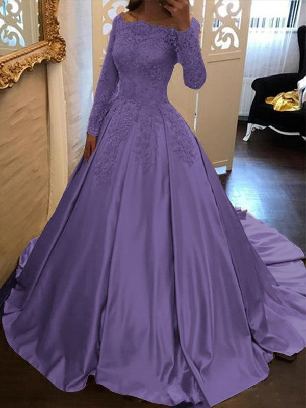 Ball Gown Long Sleeves Off-the-Shoulder Floor-Length With Applique Satin Prom Dress