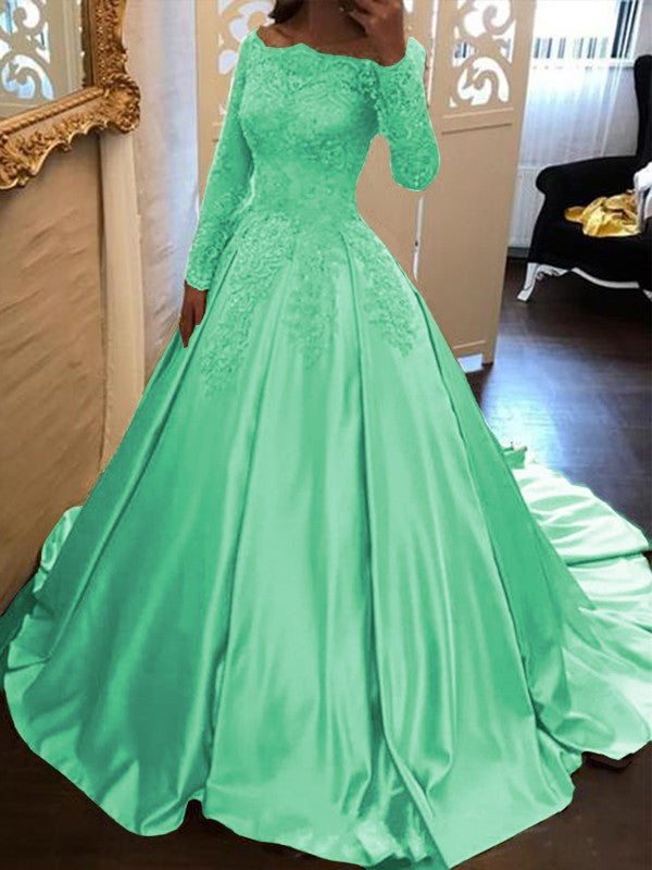 Ball Gown Long Sleeves Off-the-Shoulder Floor-Length With Applique Satin Prom Dress
