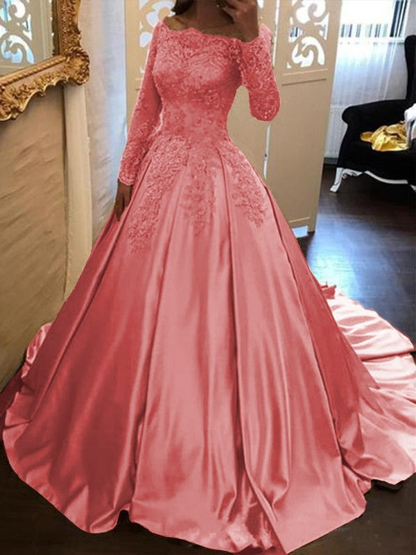 Ball Gown Long Sleeves Off-the-Shoulder Floor-Length With Applique Satin Prom Dress