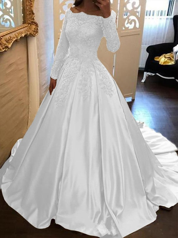 Ball Gown Long Sleeves Off-the-Shoulder Floor-Length With Applique Satin Prom Dress