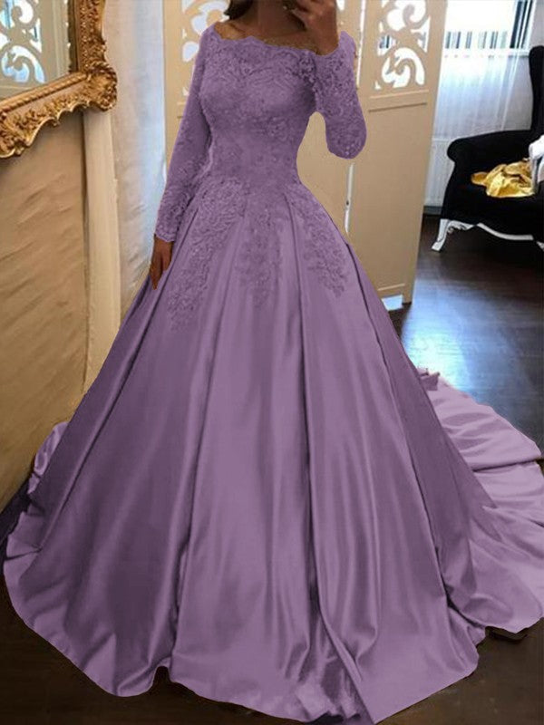 Ball Gown Long Sleeves Off-the-Shoulder Floor-Length With Applique Satin Prom Dress