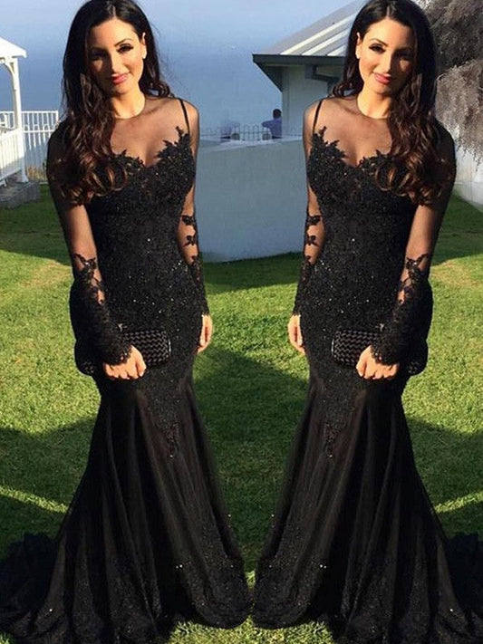 Mermaid Long Sleeves Sheer Neck Sweep/Brush Train With Applique Tulle Prom Dress