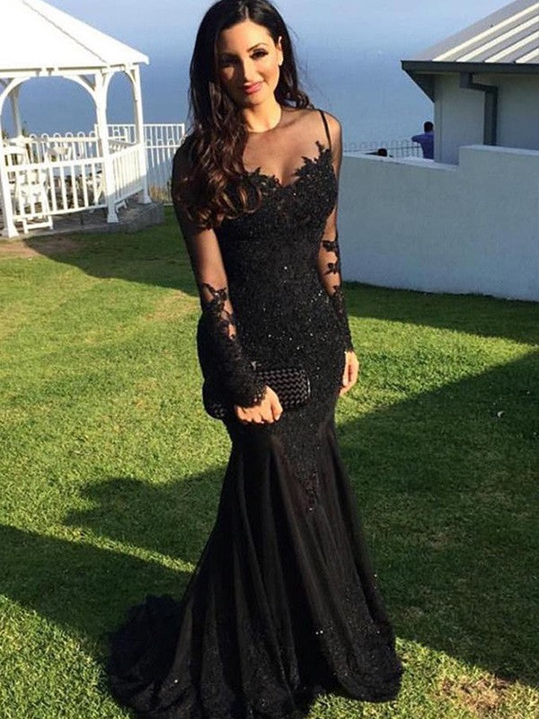 Mermaid Long Sleeves Sheer Neck Sweep/Brush Train With Applique Tulle Prom Dress