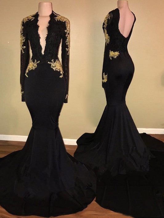 Mermaid Long Sleeves V-neck Chapel Train With Applique Prom Dress