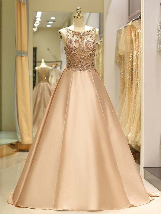 Ball Gown Sleeveless Bateau Sweep/Brush Train With Beading Satin Prom Dress