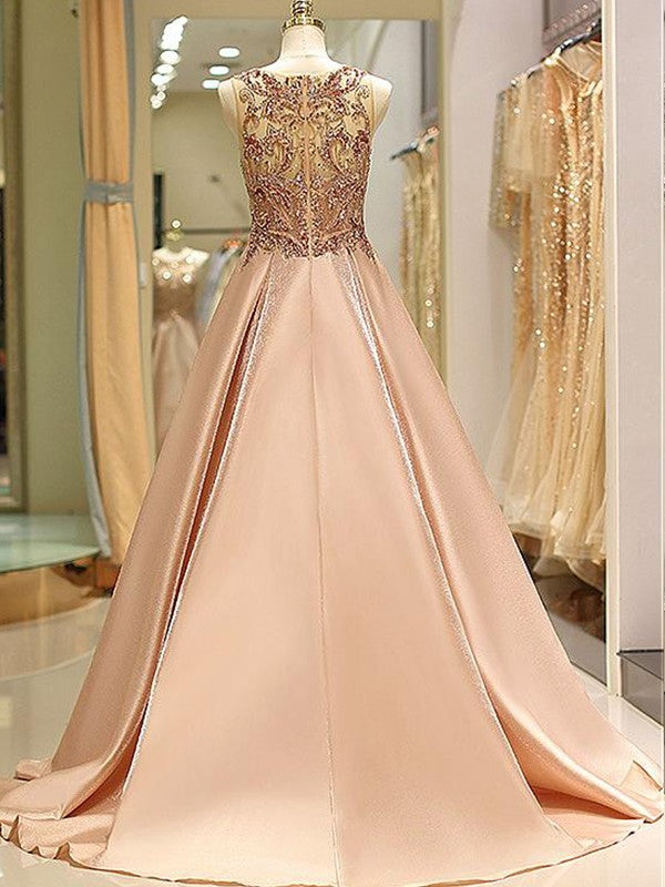 Ball Gown Sleeveless Bateau Sweep/Brush Train With Beading Satin Prom Dress