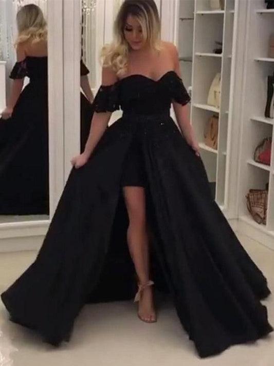 Ball Gown Sleeveless Off-the-Shoulder Sweep/Brush Train Lace Satin Prom Dress