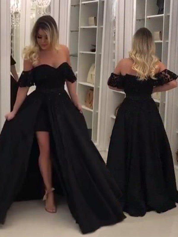 Ball Gown Sleeveless Off-the-Shoulder Sweep/Brush Train Lace Satin Prom Dress