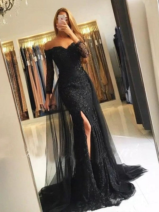 Mermaid Long Sleeves Off-the-Shoulder Sweep/Brush Train Tulle Lace Prom Dress