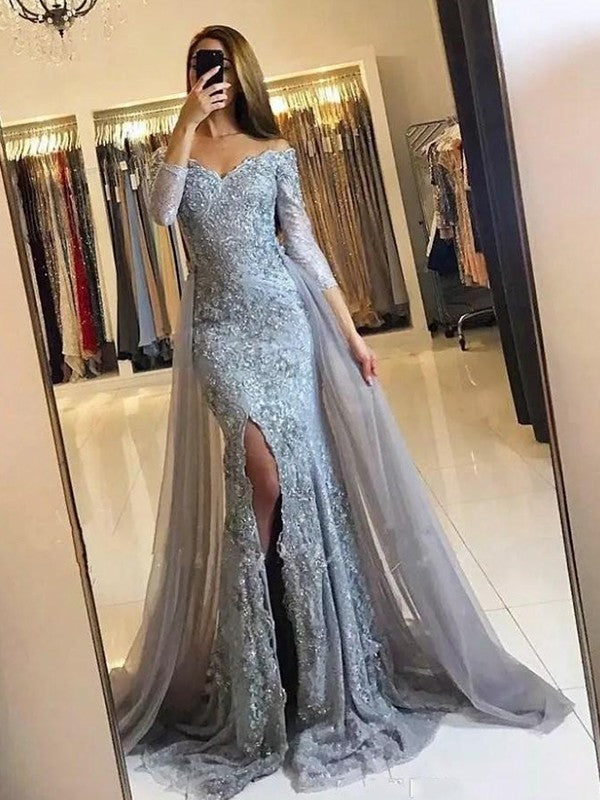 Mermaid Long Sleeves Off-the-Shoulder Sweep/Brush Train Tulle Lace Prom Dress