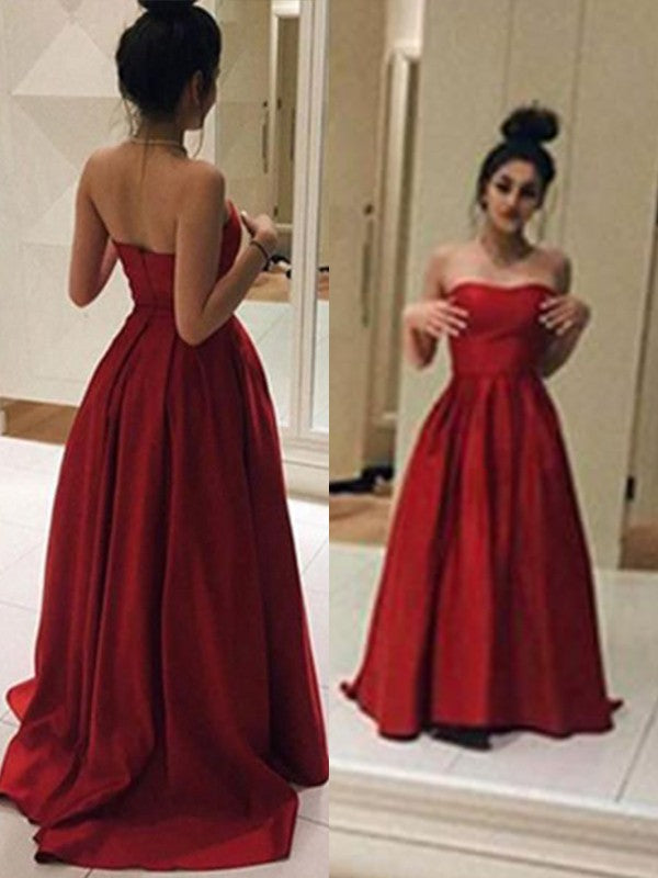 A-Line Sleeveless Strapless Sweep/Brush Train With Ruffles Stain Prom Dress