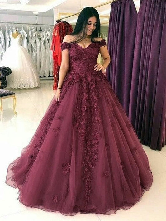Ball Gown Sleeveless Off-the-Shoulder Sweep/Brush Train With Applique Tulle Prom Dress