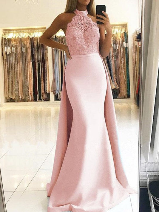 Mermaid Sleeveless Halter Sweep/Brush Train Lace Satin Prom Dress