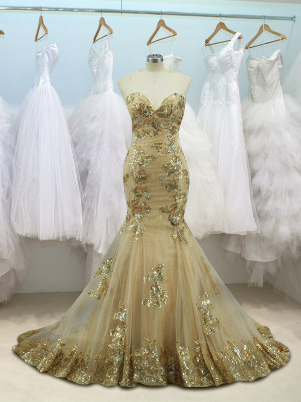 Mermaid Sleeveless Sweetheart Sweep/Brush Train Sequin Tulle Prom Dress