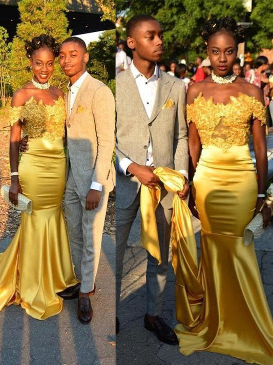 Mermaid Sleeveless Off-the-Shoulder Chapel Train With Applique Silk like Satin Prom Dress