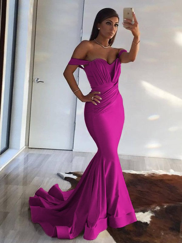 Mermaid Sleeveless Off-the-Shoulder Sweep/Brush Train With Ruffles Spandex Prom Dress