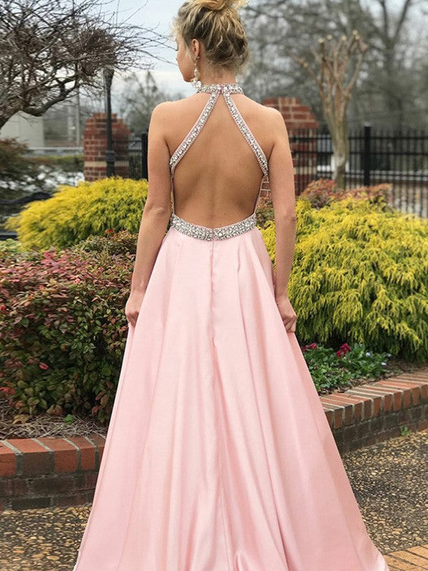 A-Line Sleeveless Halter Sweep/Brush Train With Beading Satin Prom Dress