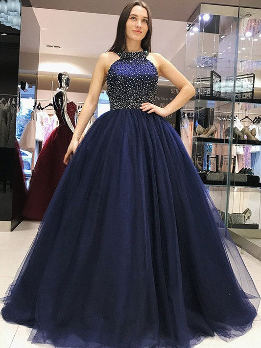Ball Gown Sleeveless Halter Sweep/Brush Train With Beading Tulle Prom Dress