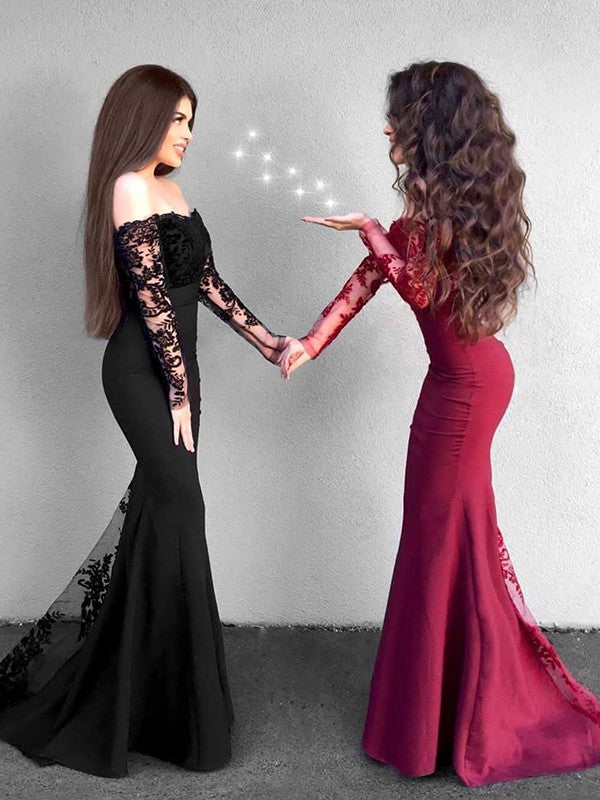 Mermaid Long Sleeves Off-the-Shoulder Sweep/Brush Train With Applique Stretch Crepe Prom Dress