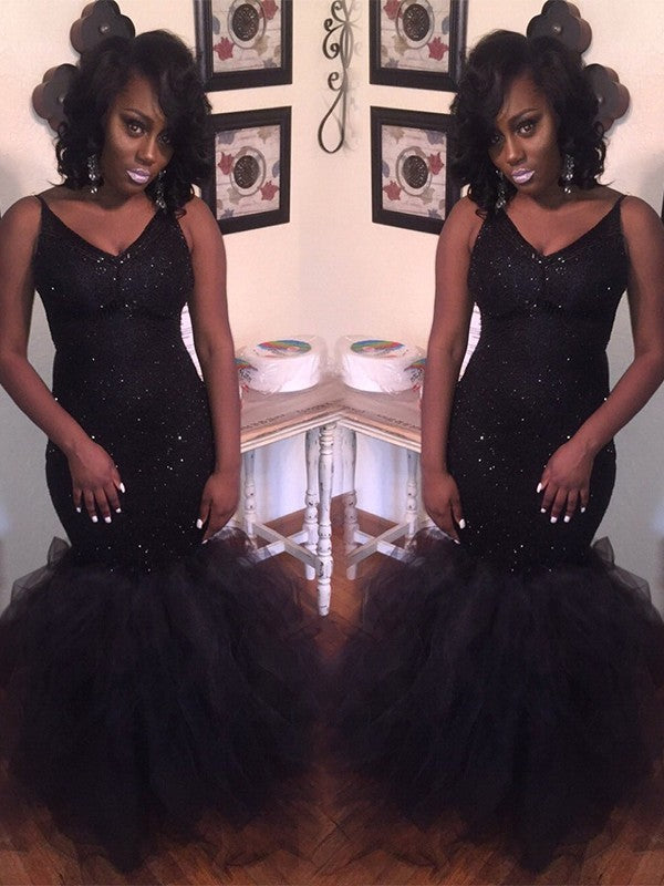 Mermaid Sleeveless V-neck Floor-Length Sequin Tulle Prom Dress