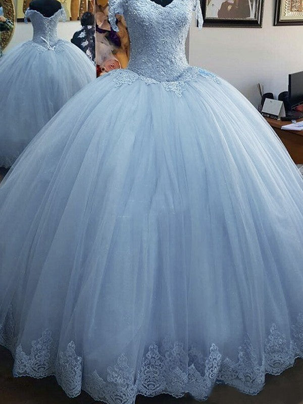 Ball Gown Sleeveless Off-the-Shoulder Floor-Length Lace Tulle Prom Dress