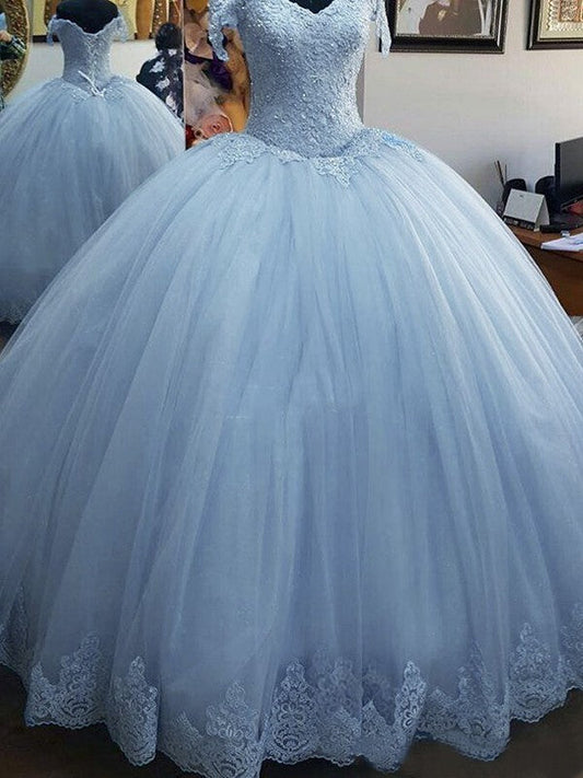 Ball Gown Sleeveless Off-the-Shoulder Floor-Length Lace Tulle Prom Dress