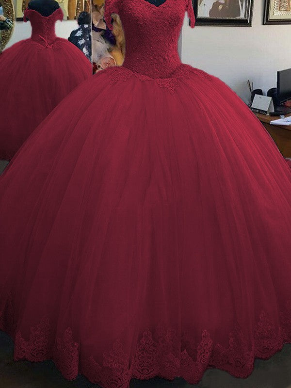 Ball Gown Sleeveless Off-the-Shoulder Floor-Length Lace Tulle Prom Dress
