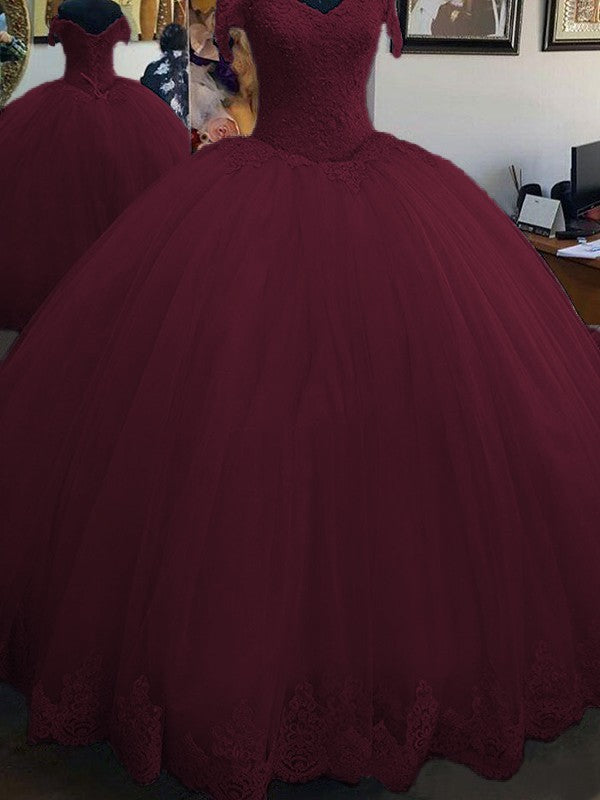 Ball Gown Sleeveless Off-the-Shoulder Floor-Length Lace Tulle Prom Dress