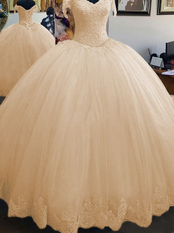 Ball Gown Sleeveless Off-the-Shoulder Floor-Length Lace Tulle Prom Dress