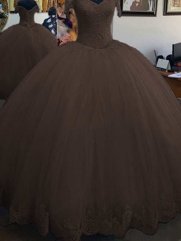 Ball Gown Sleeveless Off-the-Shoulder Floor-Length Lace Tulle Prom Dress