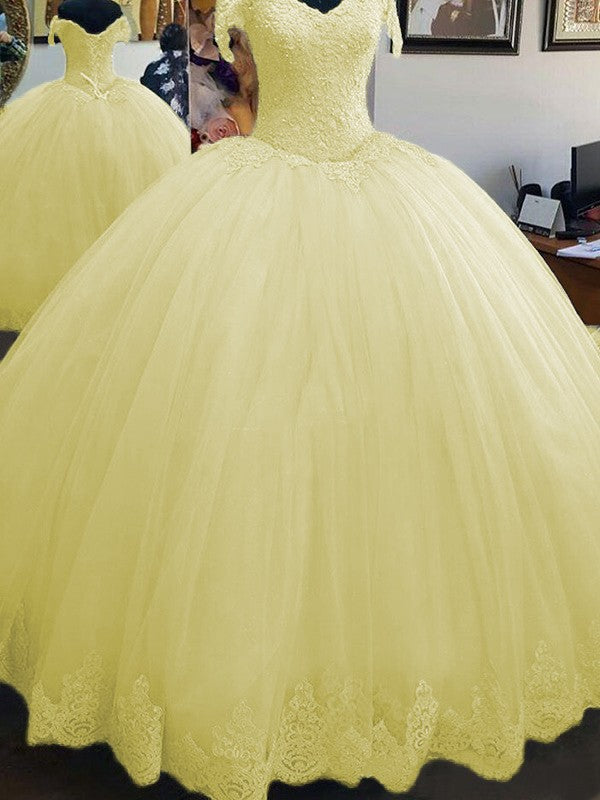 Ball Gown Sleeveless Off-the-Shoulder Floor-Length Lace Tulle Prom Dress