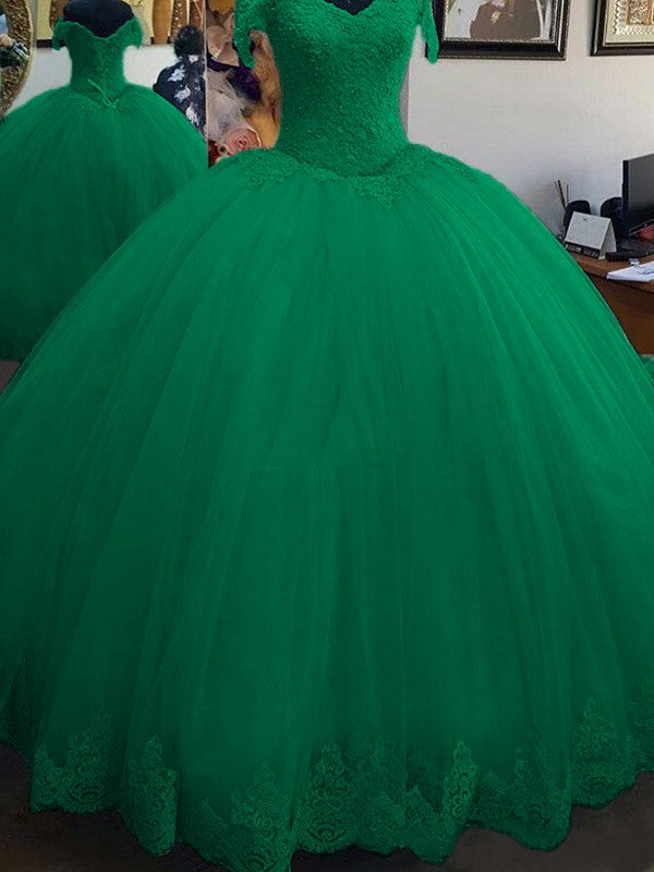 Ball Gown Sleeveless Off-the-Shoulder Floor-Length Lace Tulle Prom Dress