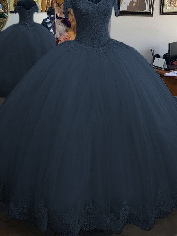 Ball Gown Sleeveless Off-the-Shoulder Floor-Length Lace Tulle Prom Dress