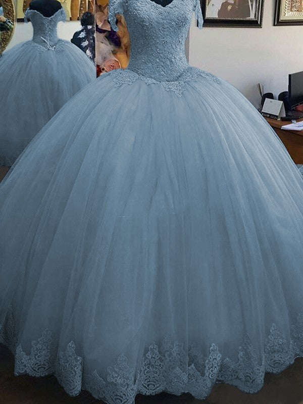 Ball Gown Sleeveless Off-the-Shoulder Floor-Length Lace Tulle Prom Dress