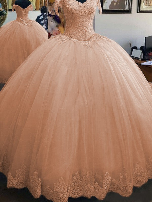 Ball Gown Sleeveless Off-the-Shoulder Floor-Length Lace Tulle Prom Dress