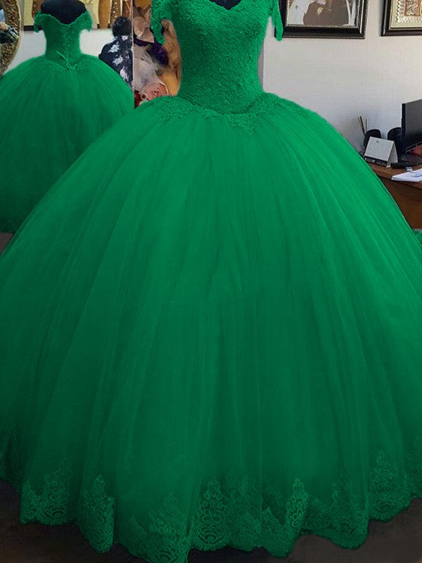 Ball Gown Sleeveless Off-the-Shoulder Floor-Length Lace Tulle Prom Dress