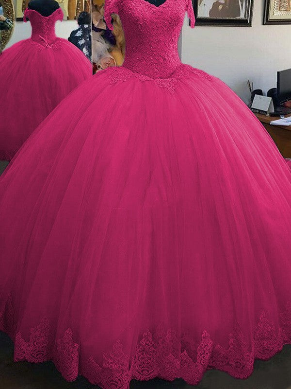 Ball Gown Sleeveless Off-the-Shoulder Floor-Length Lace Tulle Prom Dress